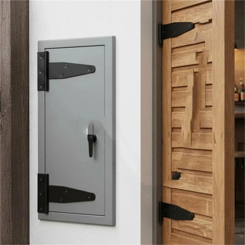 Heavy Duty Black T Hinge Door Gate Hardware For Shed Barn Garage And Cabinet With Included Mounting Screws Cold Rolled Steel Strap Hinge on a light grey door.