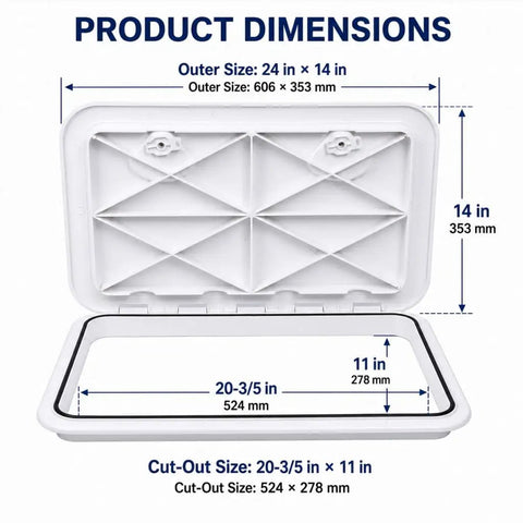 Top Shelf Marine Deck Hatch For Boating And Jon Boats, Heavy Duty Weather Beater Access Door, dimensions 24x14 inches, white.