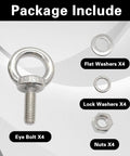 M10 Eye Bolts With Nuts Washers And Spring Washers Stainless Steel shown with components flat washers, lock washers, nuts