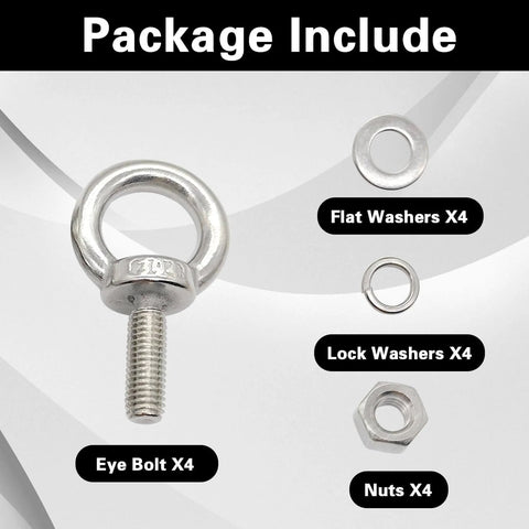 M10 Eye Bolts With Nuts Washers And Spring Washers Stainless Steel shown with components flat washers, lock washers, nuts