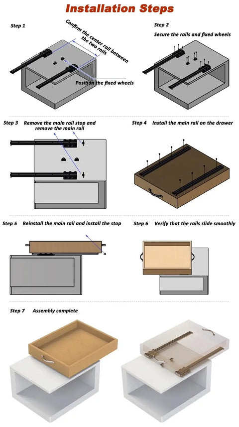 Heavy Duty Soft Close Drawer Slides With Bottom Mount Track Glides For Cabinets And Dressers, Quiet Smooth Action, Supports Up To 77 Lbs (35 Kg), Aluminum Alloy, Waterproof And Rust Resistant, Easy Install installation steps diagram
