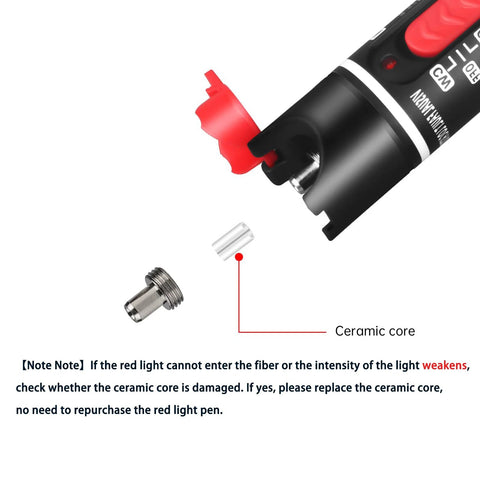 Fiber optic visual fault locator VFL-50 close-up with red tip and metal connector pieces
