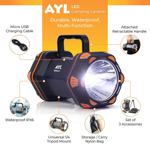 Rechargeable LED Camping Lantern And Flashlight With 4800mAh Power Bank, 8 Light Modes, Waterproof For Outdoor Use, shown with features