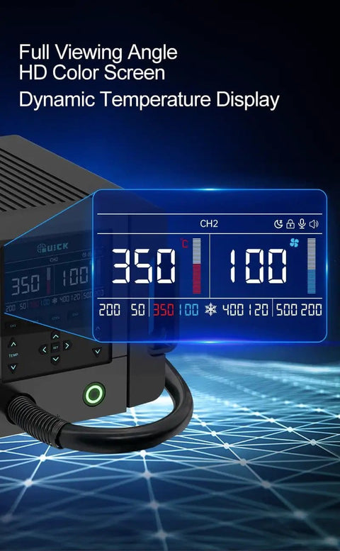 Hot Air Rework Station 1300W With AI Voice Control and Intelligent PID Temp, full color display showing dynamic temperature readout.