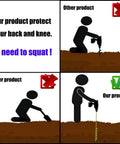 Diagram showing Stand Up Post Hole Auger Drill Bit 32 Inch Long And 2 Inch Diameter, preventing squatting with green auger, comparison with other tools.
