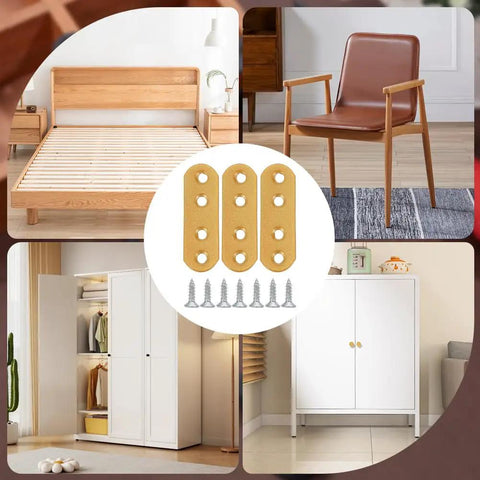 Golden Flat Straight Mending Brackets Kit With 80 Screws 20 Pieces, shown with furniture for repair and assembly use.
