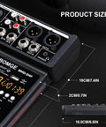 4 Channel Mini DJ Audio Mixer Interface with dimensions and input sockets visible.