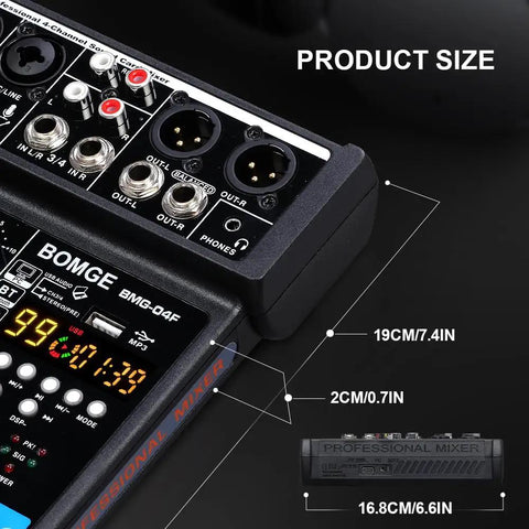 4 Channel Mini DJ Audio Mixer Interface with dimensions and input sockets visible.