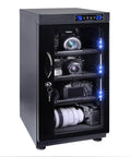 Ultra Cool 50L Digital Electric Camera Lens Drying Cabinet Box With LCD Screen, showcasing DSLR cameras and lenses under lighting.