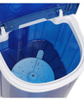 Inside view of Portable Mini Washing Machine Semi Automatic Compact Washer Spinner showing blue interior and drainage area.