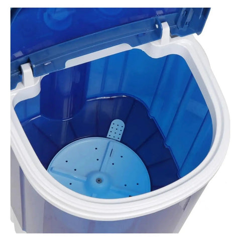Inside view of Portable Mini Washing Machine Semi Automatic Compact Washer Spinner showing blue interior and drainage area.