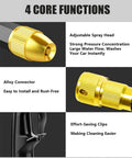 Four core functions of Three-Pattern Adjustable Jet Nozzle Gun for Garden Hose shown with spray head and connector.