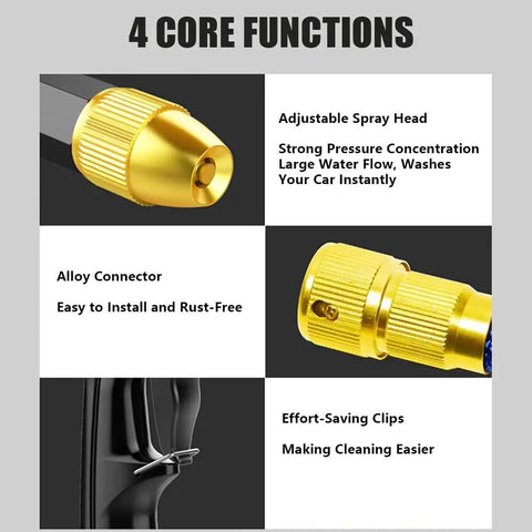 Four core functions of Three-Pattern Adjustable Jet Nozzle Gun for Garden Hose shown with spray head and connector.