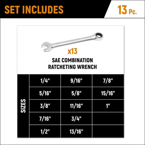 13-piece SAE ratcheting wrench set diagram showing sizes from 1/4" to 1" with 72-tooth box end, built tough for pros DIYers 9312