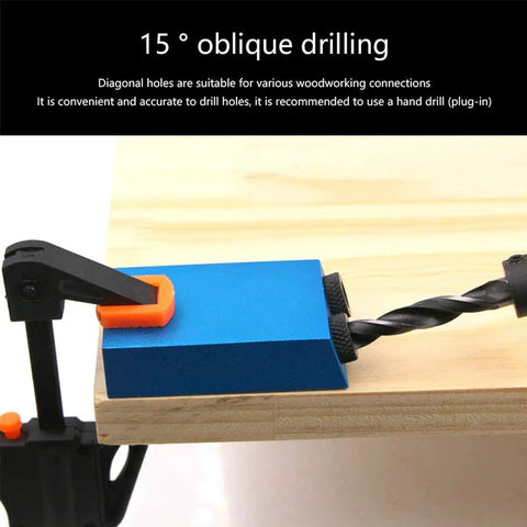 Close-up of the Pocket Hole Jig Kit 14 Piece Set with 15 Degree Dowel Drill clamped on wood for angle drilling holes.