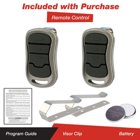 Two Pack GDR PRO Garage Door Remote Intellicode Compatible With G3T-BX G3T-R Two remotes, visor clip, battery, program guide shown.