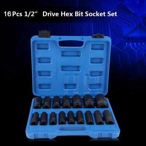 Heavy Duty 16 Piece 1/2 Inch Drive Hex Bit Socket Set Range From 10mm To 32mm, Premium CrMo Steel Heat Treated Air Impact Repair Tool Kit For Auto Maintenance And Hard Hitting Jobs, blue case open