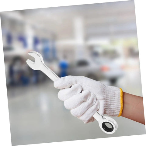 Hand holding a wrench from the Compact Metric Ratcheting Wrench Set With Offset Mini Wrenches 12 Piece Swivel Head Handy Tools Kit.