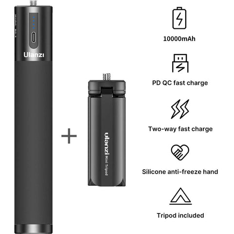 10000mAh Battery Handle Grip with Ulanzi branding and tripod for DSLR action camera and smartphone, features silicone grip and 1/4 inch screw