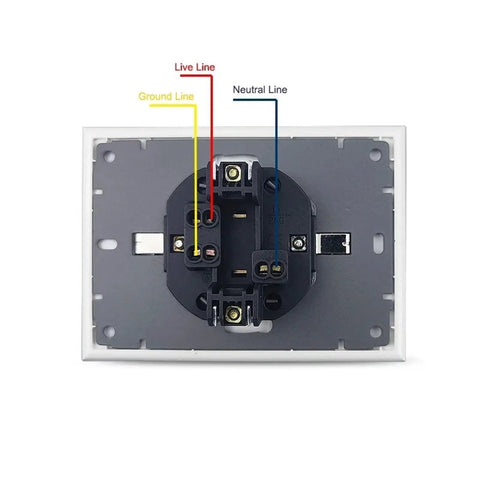 Sleek Dual European Wall Socket Featuring Heavy Duty Tempered Glass Panel And Built In Child Safety Shutters Slick Gold Plate showing wiring connections.