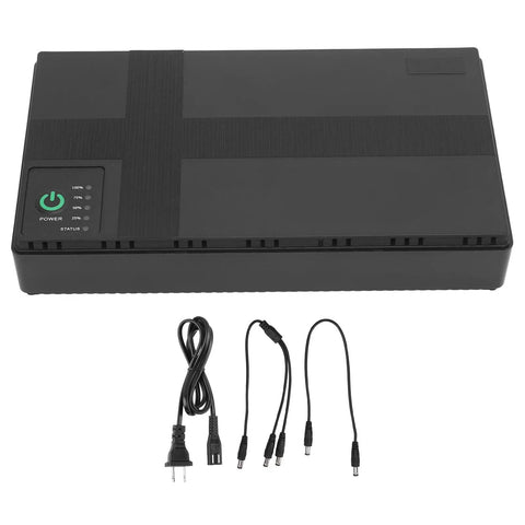 Rock Solid UPS Battery Backup With 20000mAh Core And 18W Output, black portable unit with cables, ideal for routers and cameras.