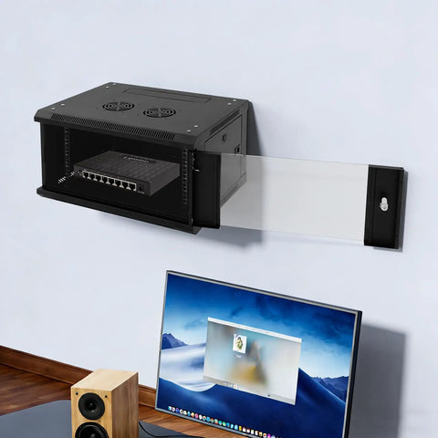 Legit Heavy Duty Wall Mount Network Server Cabinet For Organizing Tech Gear Including Switches Routers And Patch Panels With Solid Steel Frame In A Sleek 6U Rack Box mounted on wall with network switch inside.