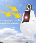 4 Pack Rechargeable Battery Backup LED Light Bulbs For E26 And E27 Bases Emergency Home Power Outage Lighting White Daylight 6000K Solar Powered Ideal For Hurricane Prep Outdoor Camping And Home Use, showing solar panel charging, cloudy sky