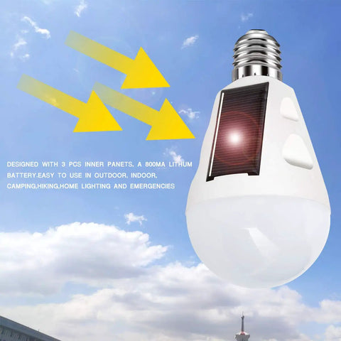 4 Pack Rechargeable Battery Backup LED Light Bulbs For E26 And E27 Bases Emergency Home Power Outage Lighting White Daylight 6000K Solar Powered Ideal For Hurricane Prep Outdoor Camping And Home Use, showing solar panel charging, cloudy sky