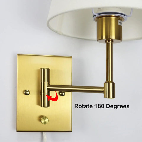 Gold Brass Swing Arm Wall Sconces Two Pack With Beige Linen Shade Plug In Wall Lamps For Bedroom And Living Room Vintage Style Cozy Vibe Easy Plug In Cord And On Off Rotary Switch