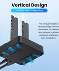 Dual Bay M.2 NVMe SSD Cloner Dock and Enclosure With USB 3.2 Gen 2X2 boasting 20gbps speeds showcasing vertical design for heat dissipation.