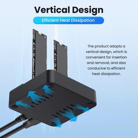 Dual Bay M.2 NVMe SSD Cloner Dock and Enclosure With USB 3.2 Gen 2X2 boasting 20gbps speeds showcasing vertical design for heat dissipation.