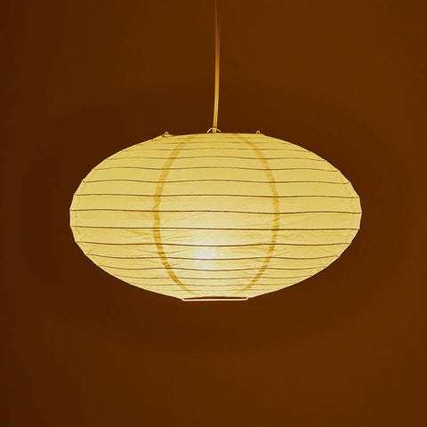 FEHEED 16 Inch Oval Plug in Hanging Paper Lantern Lights with Cord, yellow rice paper lantern with thin stripes.