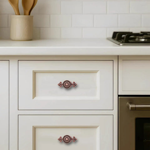 Antique Copper Cabinet Knobs Set Of Four Heavy Duty Mushroom Drawer Knobs With Backplates on white kitchen drawer