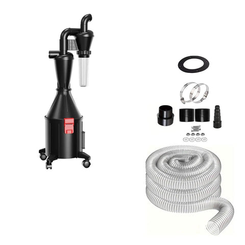 Wall Mounted Dust Collector With Turbo Suction And Dual Filter System, includes vacuum attachments and flexible hose.