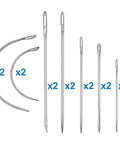 Beefed Up Hand Sewing Needles Kit 14 Piece Set with 10 straight leather needles and 4 curved needles for upholstery repair.
