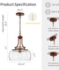 Product specifications for Rustic Farmhouse Industrial Round Ceiling Pendant Light With Clear Glass Shades, 17 inches high.