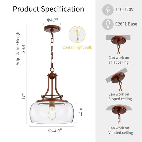 Product specifications for Rustic Farmhouse Industrial Round Ceiling Pendant Light With Clear Glass Shades, 17 inches high.
