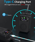 Compact 5W Practice Guitar Amp With Bluetooth And Rechargeable Battery showing Type-C charging port and usage time