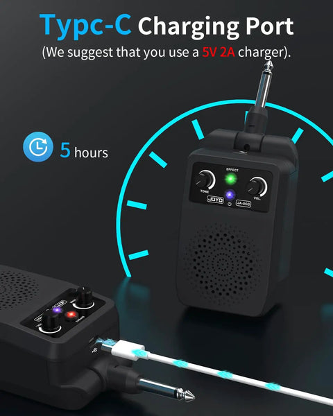 Compact 5W Practice Guitar Amp With Bluetooth And Rechargeable Battery showing Type-C charging port and usage time