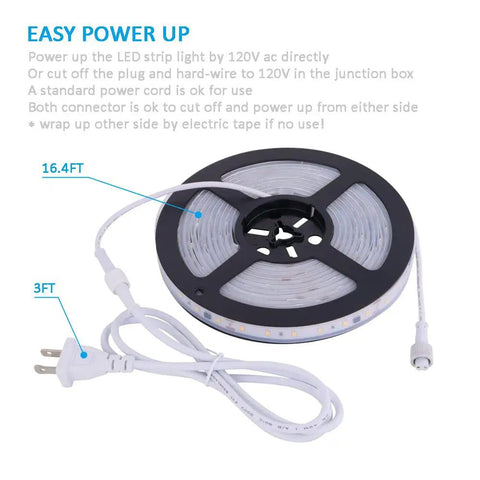 Go-To Dimmable LED Strip Lights 16.4ft Long, 4200K Daylight Glow for Under Cabinet and Cove Lighting with plug for easy setup.