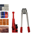 Heavy Duty Manual Strapping Machine Kit With Tensioner And Sealer For Secure Pallet Wrapping, red tool with grips.