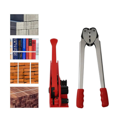 Heavy Duty Manual Strapping Machine Kit With Tensioner And Sealer For Secure Pallet Wrapping, red tool with grips.