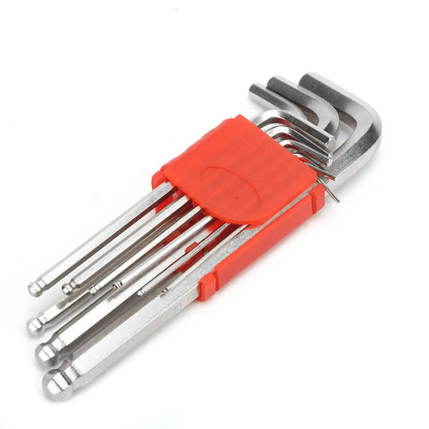 Heavy Duty Hex Key Set With Nine Durable Chrome Vanadium Wrenches Perfect For DIY Repairs And Home Workshop Jobs In All Sizes From Small To Large, red holder