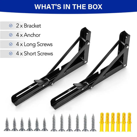 2 Pack 10 Inch Black Folding Shelf Brackets No Sweat Wall Mount Installation Includes All Hardware Flip Up Design with screws and anchors
