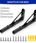 Slick Two Pack 16 Inch Black Folding Shelf Brackets Rock Solid Space Saving Wall Mount With All Screws And Anchors For No Sweat Install and Clean Modern Vibe, includes two brackets and various screws.