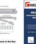 Beefed Up Commercial Automatic Door Closer With Cast Aluminum Body And Steel Arm, UL Listed, shown with installation parts
