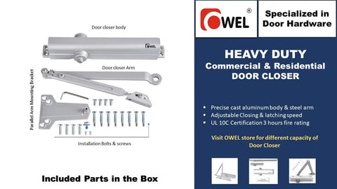 Beefed Up Commercial Automatic Door Closer With Cast Aluminum Body And Steel Arm, UL Listed, shown with installation parts