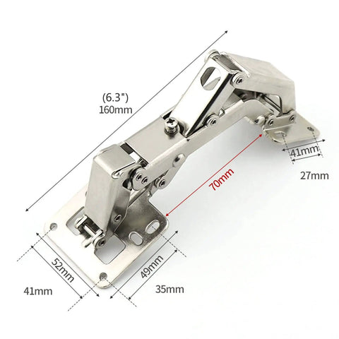2 Pack 170 Degree Hidden Cabinet Hinges With Hydraulic Adjustable Surface Mount Concealed For Frameless Doors Self Closing And An Easy Peasy Install Cabinet Hardware Kit, stainless steel hinge showing dimensions and design details.