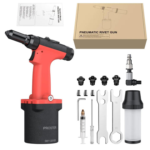 Professional Pneumatic Rivet Nut Gun Featuring Automatic Self Suction Loading And Four Quick Swap Nosepieces For Smooth Single Hand Operation, includes accessories.