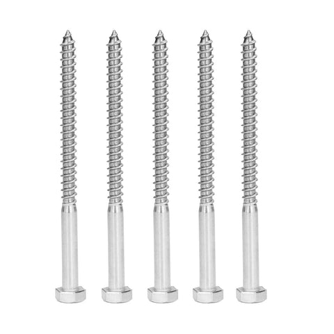 Beefy Stainless Steel Wood Hex Lag Self Tapping Screws M8x120MM With Half Thread And Integrated Design For Easy Install No Pre Drilling Needed Durable A2 70 Grade Fasteners For Carpentry Projects, front view of five screws